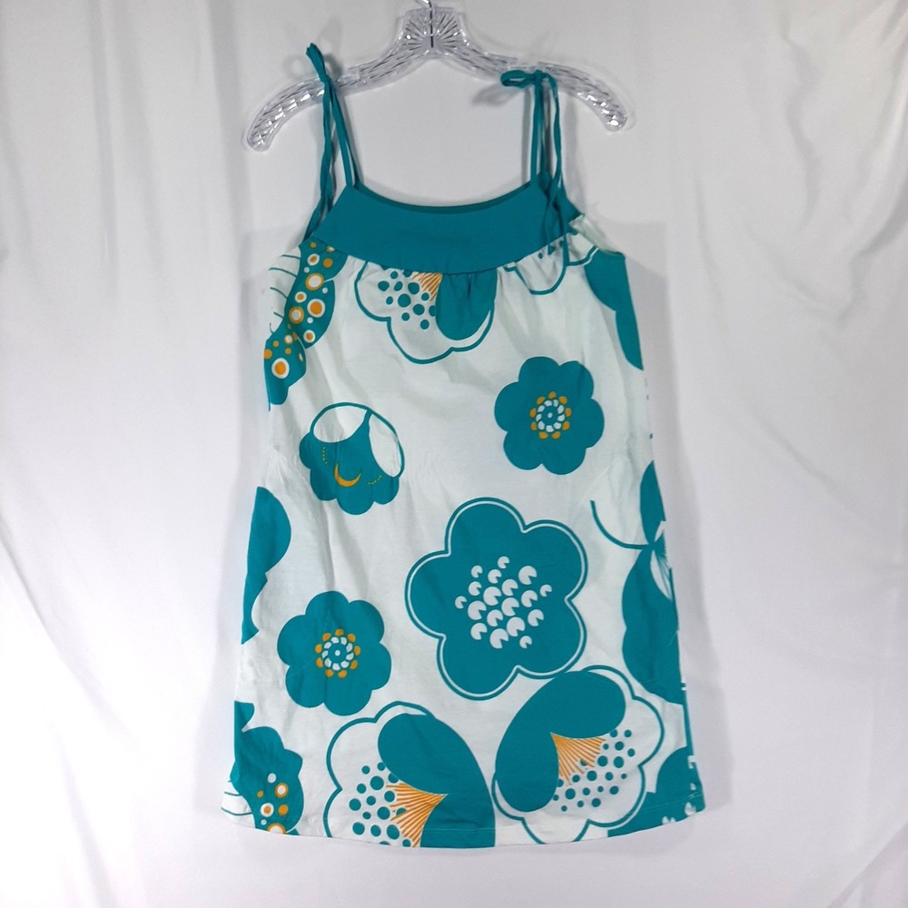 Retro Floral Cotton Mini Dress Teal White Orange Tie Strap Pockets Y2K Inspired - Picture 2 of 8